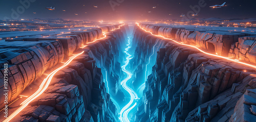Airplanes Flying Over Illuminated Canyon with Glowing Lines.