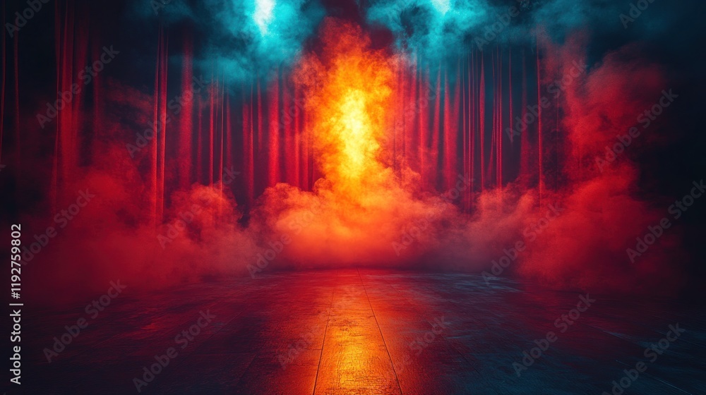 Fototapeta premium Dark smoky scene with red and blue lighting.