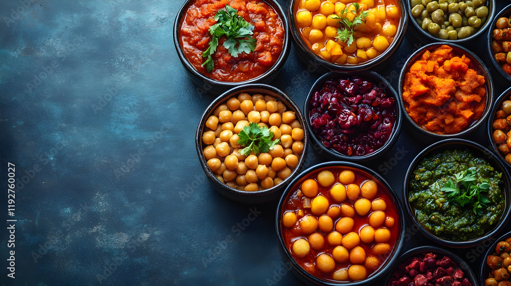 Fototapeta premium A vibrant array of colorful vegetarian dishes in dark bowls, a feast for the eyes and the palate