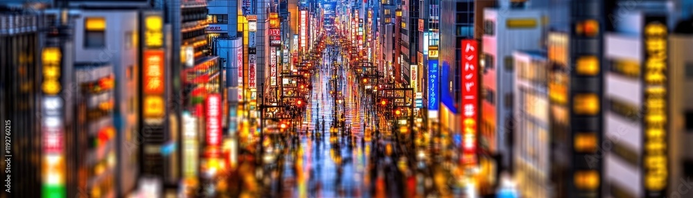 Obraz premium Japan city street night view, vibrant lights, busy crowds, urban scene, travel