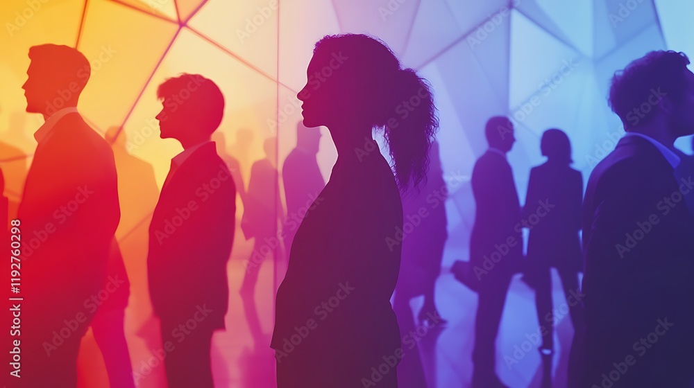 Silhouetted figures of diverse people at a vibrant event, bathed in colorful light. Silhouetted figures of diverse people at a vibrant event, bathed in colorful light.