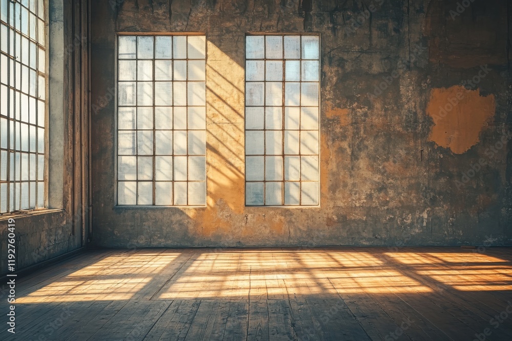 Sunlit room with large industrial windows and rustic wooden flooring Sunlit room with large industrial windows and rustic wooden flooring