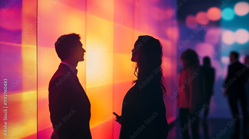 Silhouetted man and woman converse against a vibrant, colorful wall at a nighttime event.