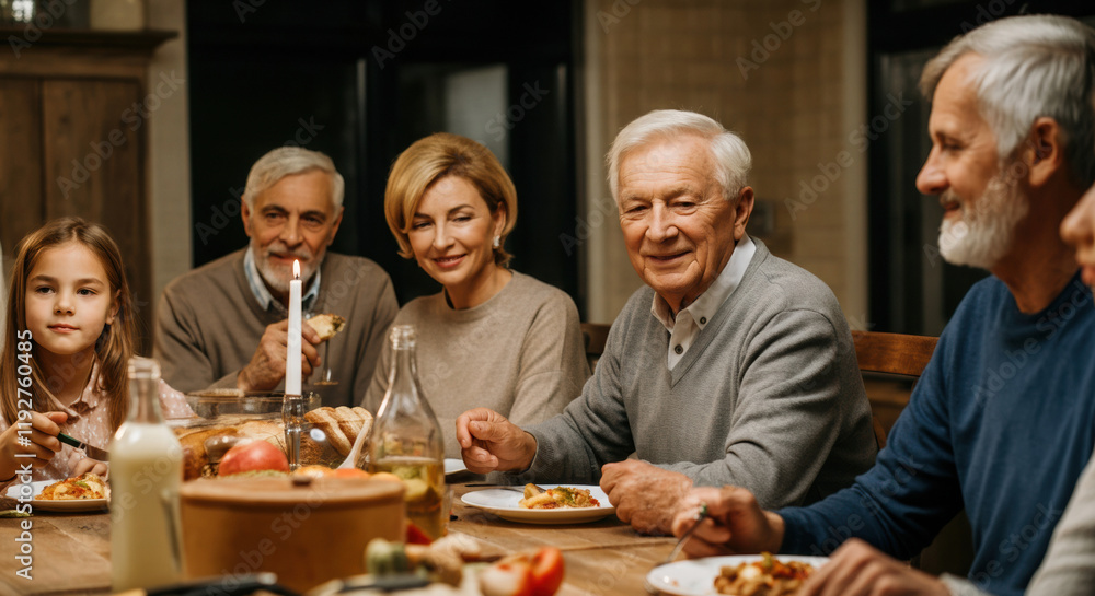Family gathering around the table enjoying a delicious meal together Family gathering around the table enjoying a delicious meal together