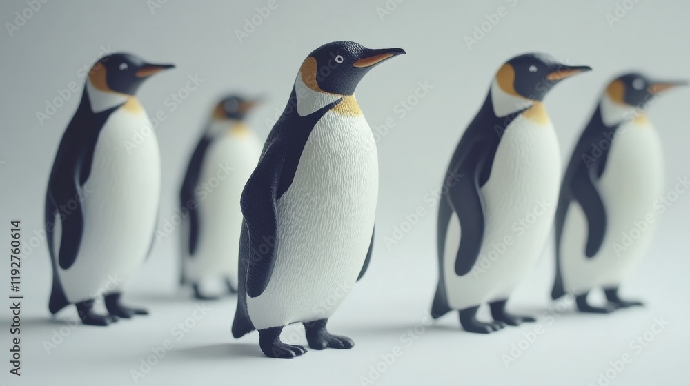 Fototapeta premium Charming Group of Playful Penguin Figurines Displayed in a Neat Row Against a Soft Background, Perfect for Childrens' Decor and Educational Themes