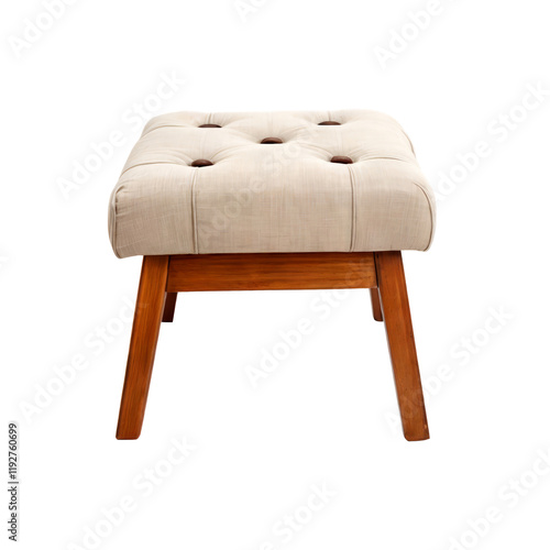 Wooden Stool with Button Detailing: A close-up of a stylish, tufted wooden stool featuring a cream-colored fabric and dark button accents, perfect for adding a touch of elegance to any interior. photo