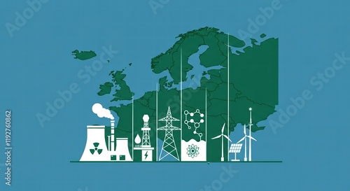 Renewable energy sources and industrial elements on a map of Europe