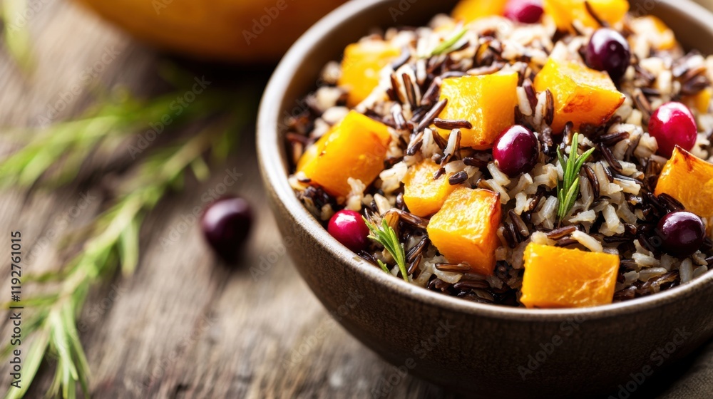 Close-up of wild rice with roasted butternut squash and cranberries on a rustic wooden table, highlighting earthy and sweet flavors. Perfect for fall recipes and healthy eating blogs. Close-up of wild rice with roasted butternut squash and cranberries on a rustic wooden table, highlighting earthy and sweet flavors. Perfect for fall recipes and healthy eating blogs.