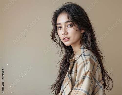 Wallpaper Mural Elegant Studio Shot of a Woman in Beige and Brown Plaid Torontodigital.ca