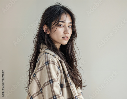 Wallpaper Mural Elegant Studio Shot of a Woman in Beige and Brown Plaid Torontodigital.ca