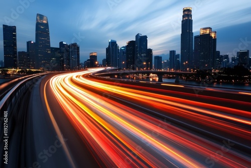 Streaks of light race through a bustling city skyline at twilight near the waterfront