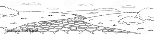 Old stone road landscape graphic black white long sketch illustration vector 