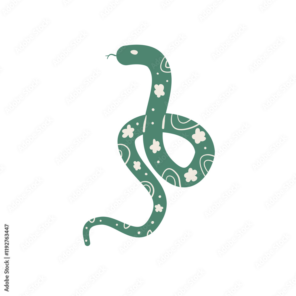 Fototapeta premium Green decorated snake Chinese New Years symbol. Cny zodiac snake lunar 2025 isolated on white background. Vector hand drawn flat illustration