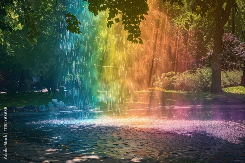 Mesmerizing beauty of rainbows and nature is brilliantly captured in a garden. Magical rainbow view.