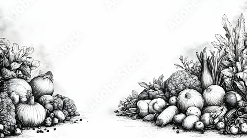 Abundant Harvest: Black and White Vegetable and Fruit Illustration