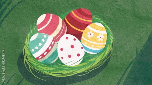 Colorful eggs nestled in a spring-themed illustration with flowers.