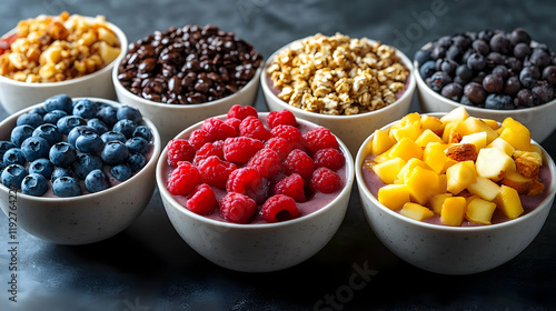 Assortment of Acai Bowls Topped with Fresh Berries, Granola, and Chocolate photo