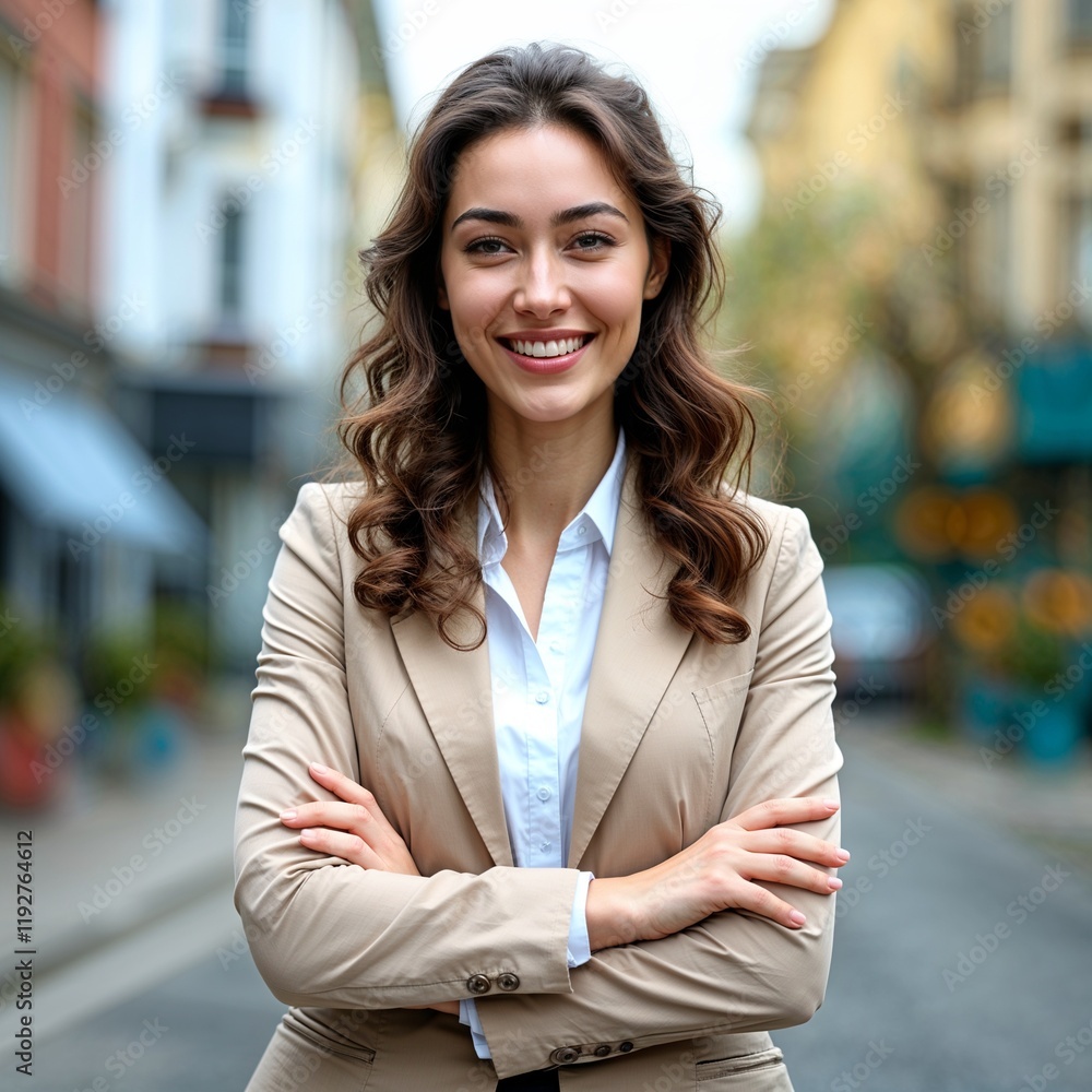 Young happy pretty smiling professional business woman, happy confident positive female entrepreneur standing outdoor on street arms crossed, looking at camera Young happy pretty smiling professional business woman, happy confident positive female entrepreneur standing outdoor on street arms crossed, looking at camera