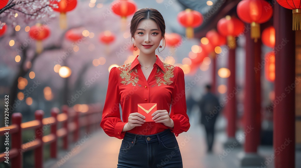 Fototapeta premium Elegant Woman in Traditional Red Cheongsam Celebrating Lunar New Year