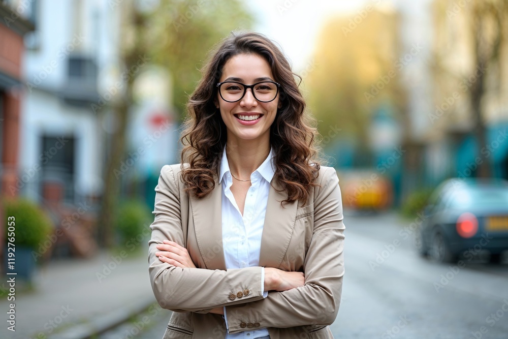 Young happy pretty smiling professional business woman, happy confident positive female entrepreneur standing outdoor on street arms crossed, looking at camera Young happy pretty smiling professional business woman, happy confident positive female entrepreneur standing outdoor on street arms crossed, looking at camera