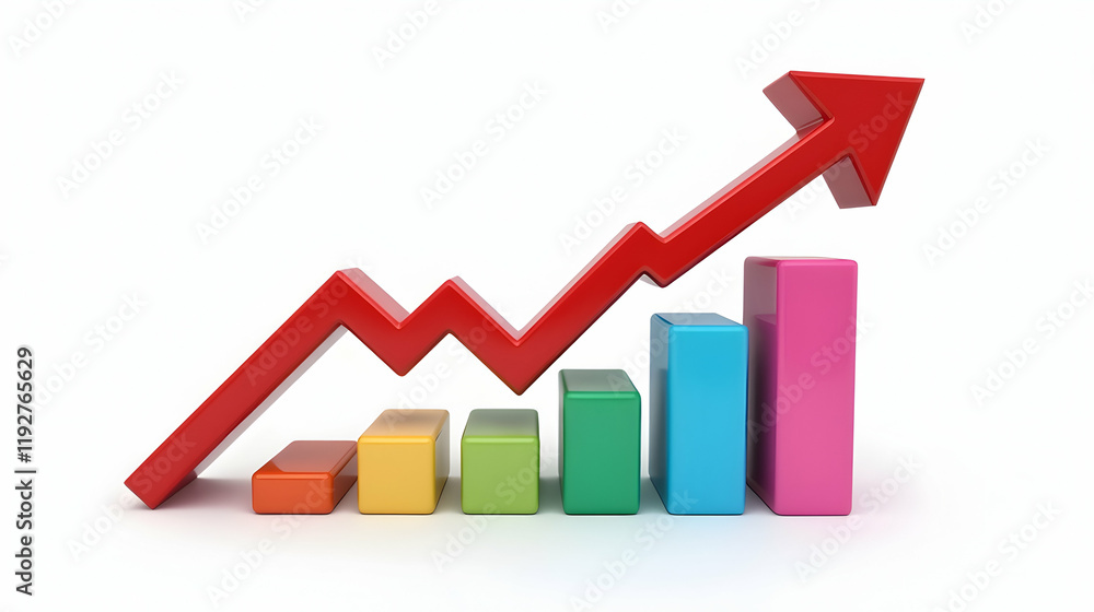 Ascending Growth: A vibrant red arrow soaring upwards above a colorful bar chart, symbolizing positive progress, upward trajectory, and unwavering success. Ascending Growth: A vibrant red arrow soaring upwards above a colorful bar chart, symbolizing positive progress, upward trajectory, and unwavering success.