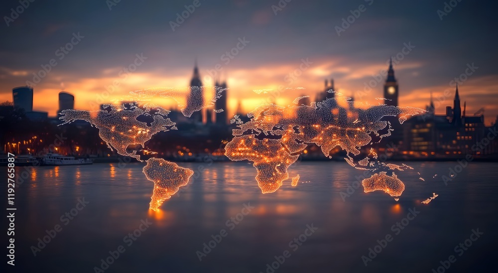 An illuminated map that represents the world's communication network and gives a sense of illuminated connections between cities. It highlights every city in the world connected by illuminated lines. An illuminated map that represents the world's communication network and gives a sense of illuminated connections between cities. It highlights every city in the world connected by illuminated lines.