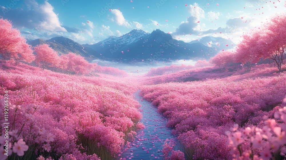 Dreamlike pink blossom valley with stream. Dreamlike pink blossom valley with stream.