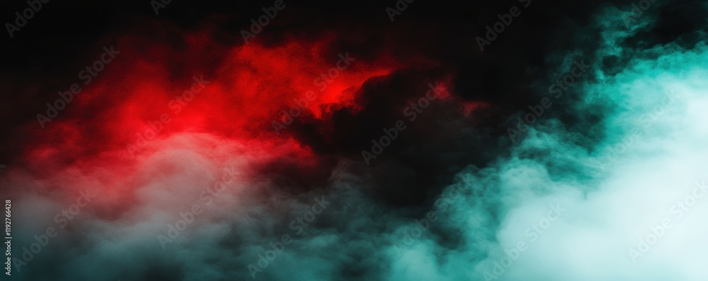 Fototapeta premium Abstract Red and Teal Smoke Clouds Dark Background Grunge Texture Vapor Fog
