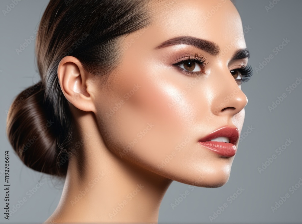 Close-up portrait of a young woman showcasing flawless skin and elegant features against a minimalist backdrop Close-up portrait of a young woman showcasing flawless skin and elegant features against a minimalist backdrop