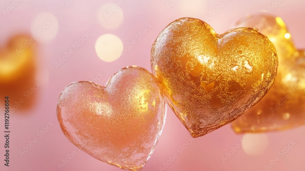 Fototapeta premium Golden and pink hearts sparkling with bokeh in romantic setting