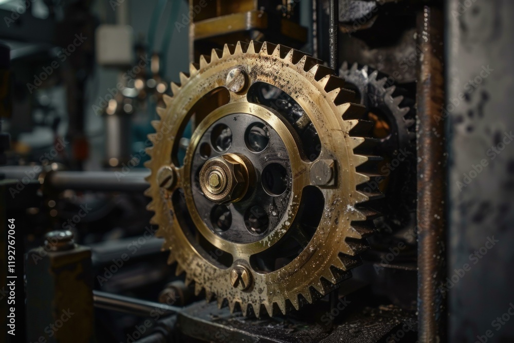 Closeup of industrial machine gear with rotating teeth showing heavy use Closeup of industrial machine gear with rotating teeth showing heavy use