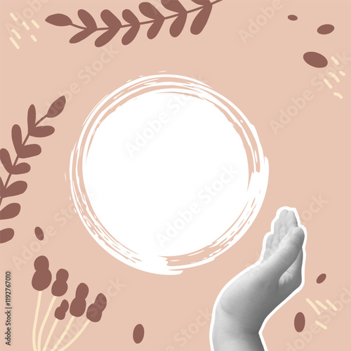 Pink nude collage background with frame and hand. Mocha mousse palette Abstract textured template. Monochrome backdrop. Scrapbook modern nude colors cover with copy space. Vector illustration.