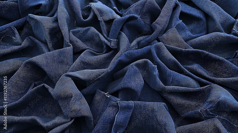 Fototapeta premium Close-up view of crumpled dark blue fabric showcasing texture and folds, suitable for textile design