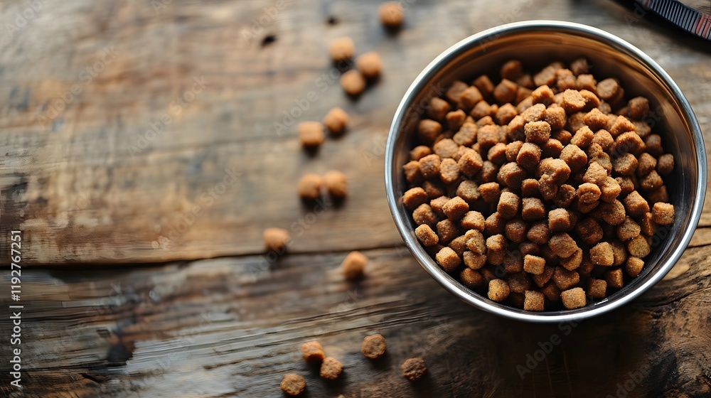Metal bowl filled with dry dog food kibble Metal bowl filled with dry dog food kibble