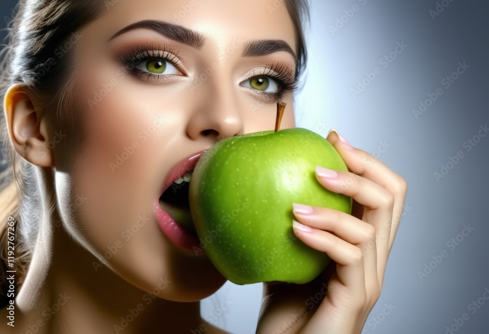 Model poses with a green apple while showcasing beauty and elegance in a studio setting Model poses with a green apple while showcasing beauty and elegance in a studio setting