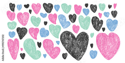 Hearts set. Crayon romantic elements. Love signs grunge preppy pastel colors icons. Textured vector charity or kind symbols shapes drawn by charcoal or pencil illustration isolated on white background
