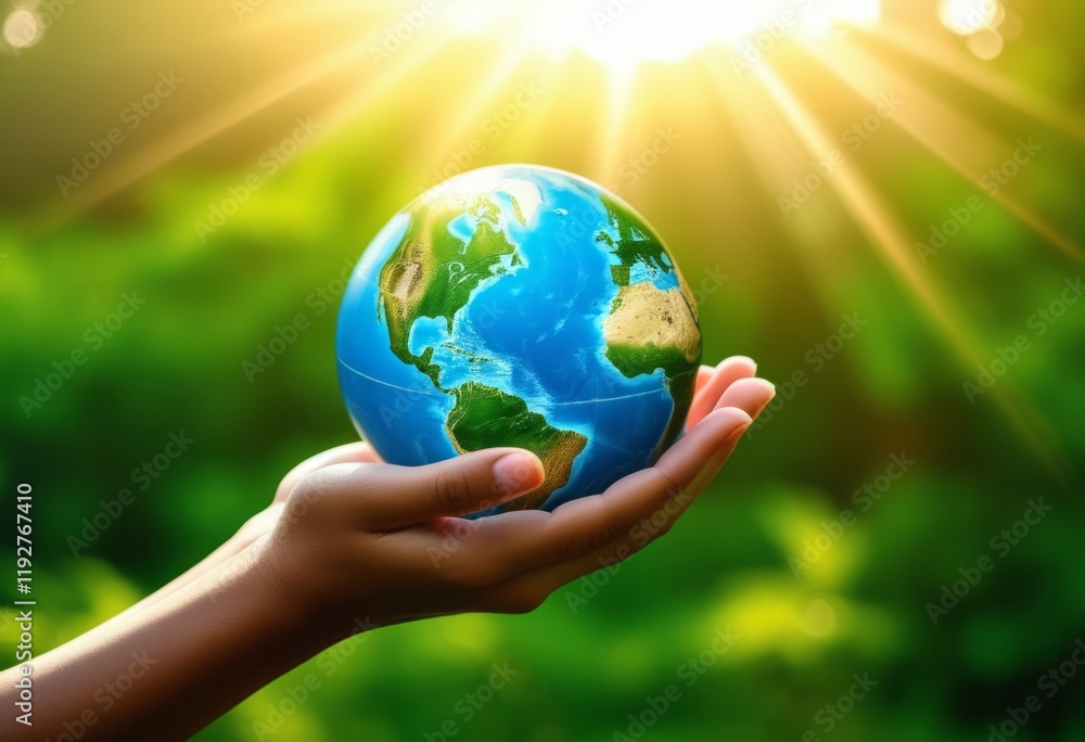 Hand holding a globe symbolizing environmental awareness and care for the planet during golden hour sunlight Hand holding a globe symbolizing environmental awareness and care for the planet during golden hour sunlight