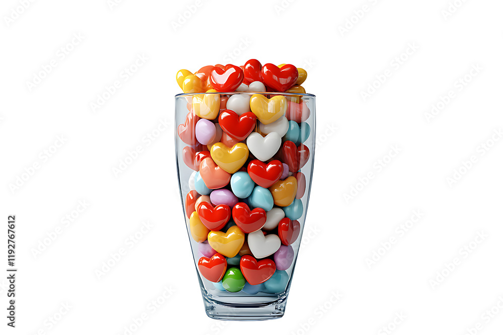 Colorful heart-shaped candies in a glass jar sweet treats home setting close-up view Colorful heart-shaped candies in a glass jar sweet treats home setting close-up view