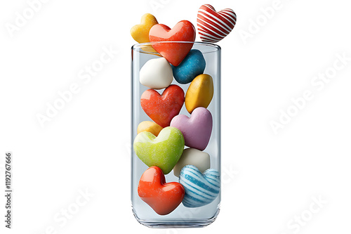 Colorful heart-shaped candies in glass vase home decor sweet treats vibrant atmosphere close-up photo