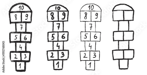 Hopscotch games set isolated on white background. Children playground outdoor entertainment. Vector chalk drawn illustration.