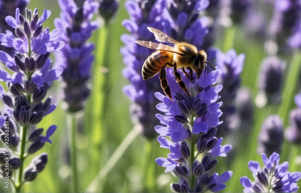 Bee collects nectar from vibrant lavender flowers in a sunny garden during springtime Bee collects nectar from vibrant lavender flowers in a sunny garden during springtime