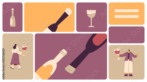 Wine banner. Drink people on bento grid box background. Tasting event on modular mosaic grid. Party with alcohol drinks. Women and men with wineglasses and bottles visit vineyard. Vector illustration.