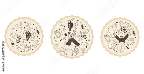 Wine club emblem set. Woman with wine bottle on round stamp. Tasting event circular perforated edges label. Party with alcohol drinks. Person visit a winery. Vector hand drawn doodle illustration.