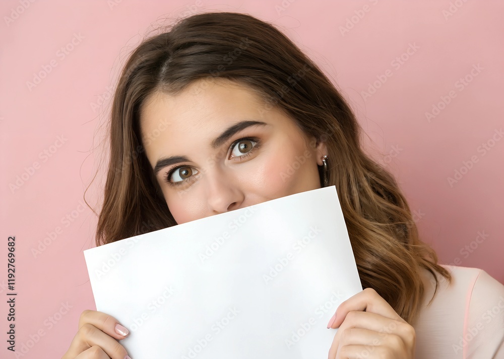 Mysterious Woman Holding Blank Sign, Perfect for Custom Messages, Social Media, Advertising, or Branding, Pink Background Mysterious Woman Holding Blank Sign, Perfect for Custom Messages, Social Media, Advertising, or Branding, Pink Background