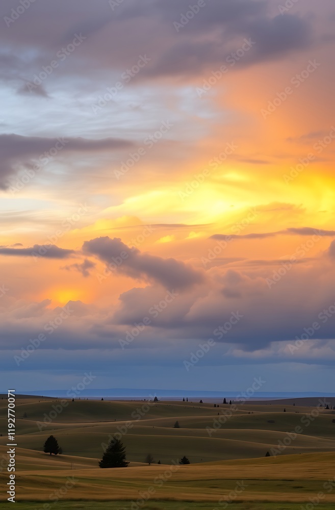 Obraz premium Vibrant sunset over rolling hills and plains.