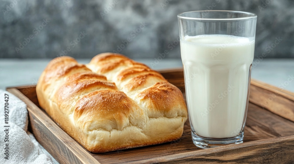 Fresh country-style bread on a wooden tray with a cold glass of milk. Fresh country-style bread on a wooden tray with a cold glass of milk.
