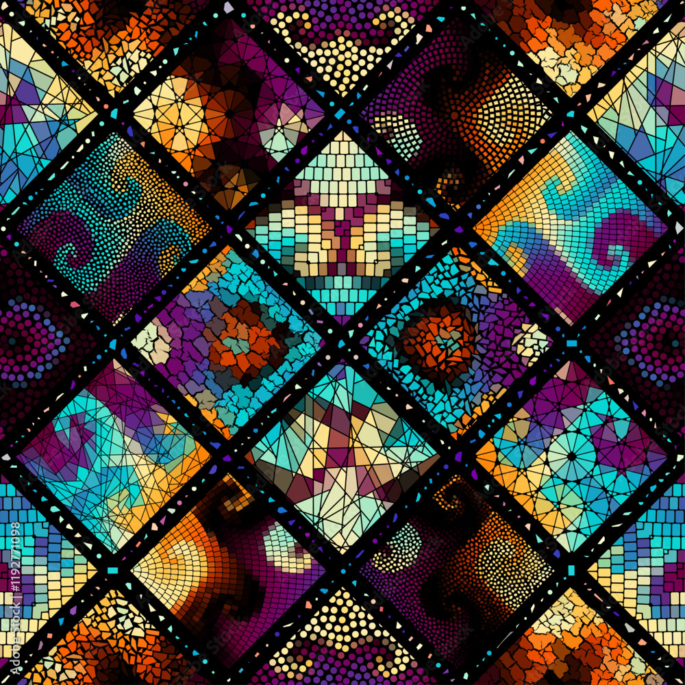 Bright abstract mosaic seamless pattern. Vector background. Endless texture. Ceramic tile fragments. Bright abstract mosaic seamless pattern. Vector background. Endless texture. Ceramic tile fragments.