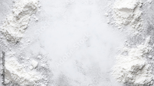Flour scattered on gray surface creates textured background, ideal for baking or cooking themes. soft white flour contrasts with gray, evoking sense of culinary creativity