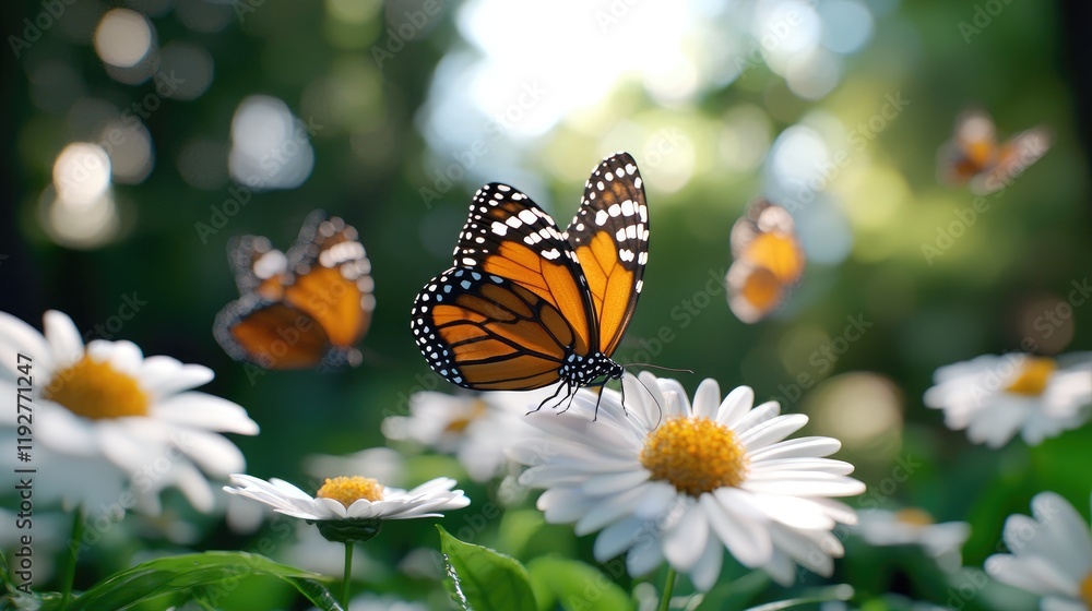 Fototapeta premium Monarch Butterflies Among Beautiful White Daisies