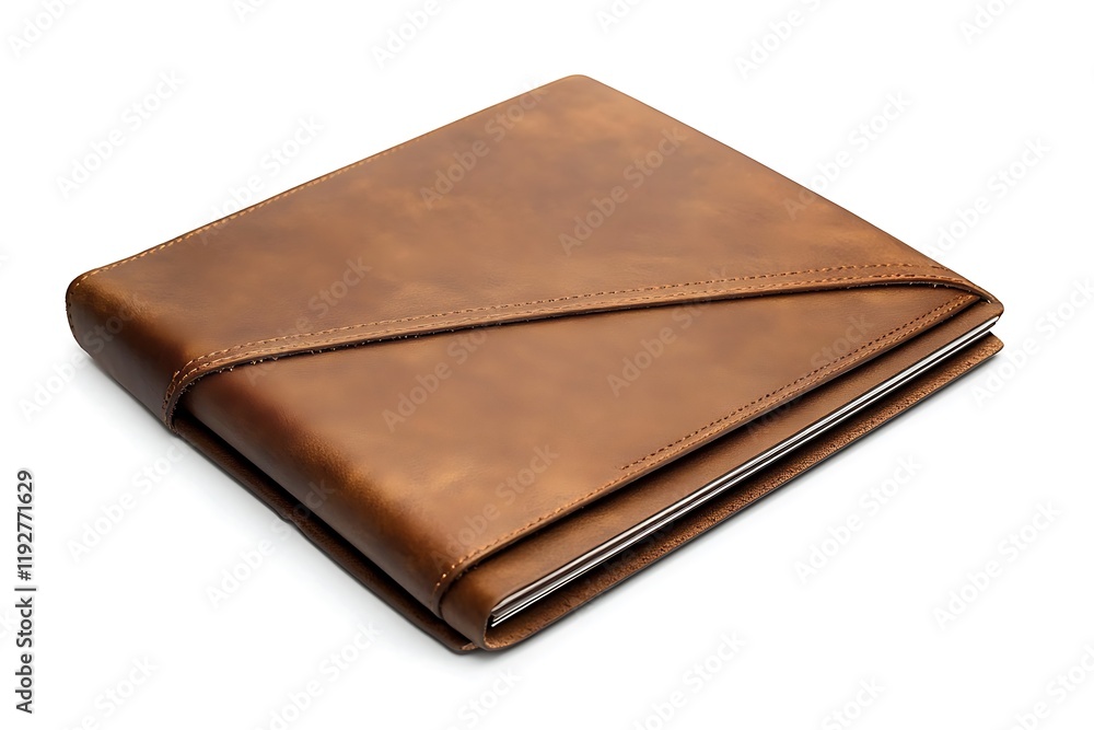 Sleek brown leather travel album with a minimalist design and smooth finish, isolated against a clean white background. Sleek brown leather travel album with a minimalist design and smooth finish, isolated against a clean white background.
